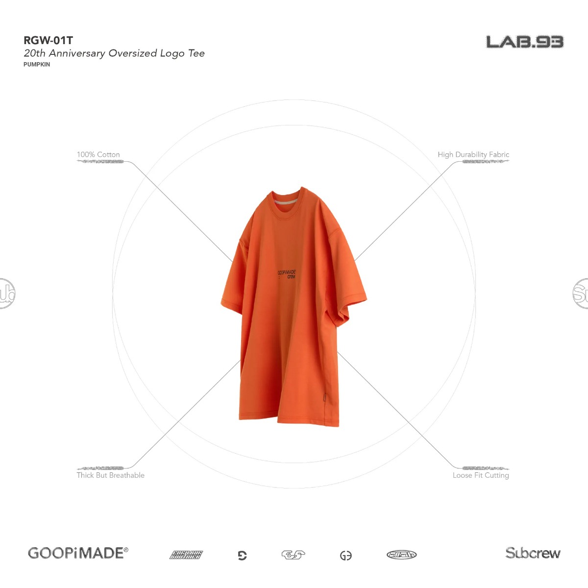GOOPiMADE x Subcrew “RGW-01T” 20th Anniversary Oversized Logo Tee Pumpkin